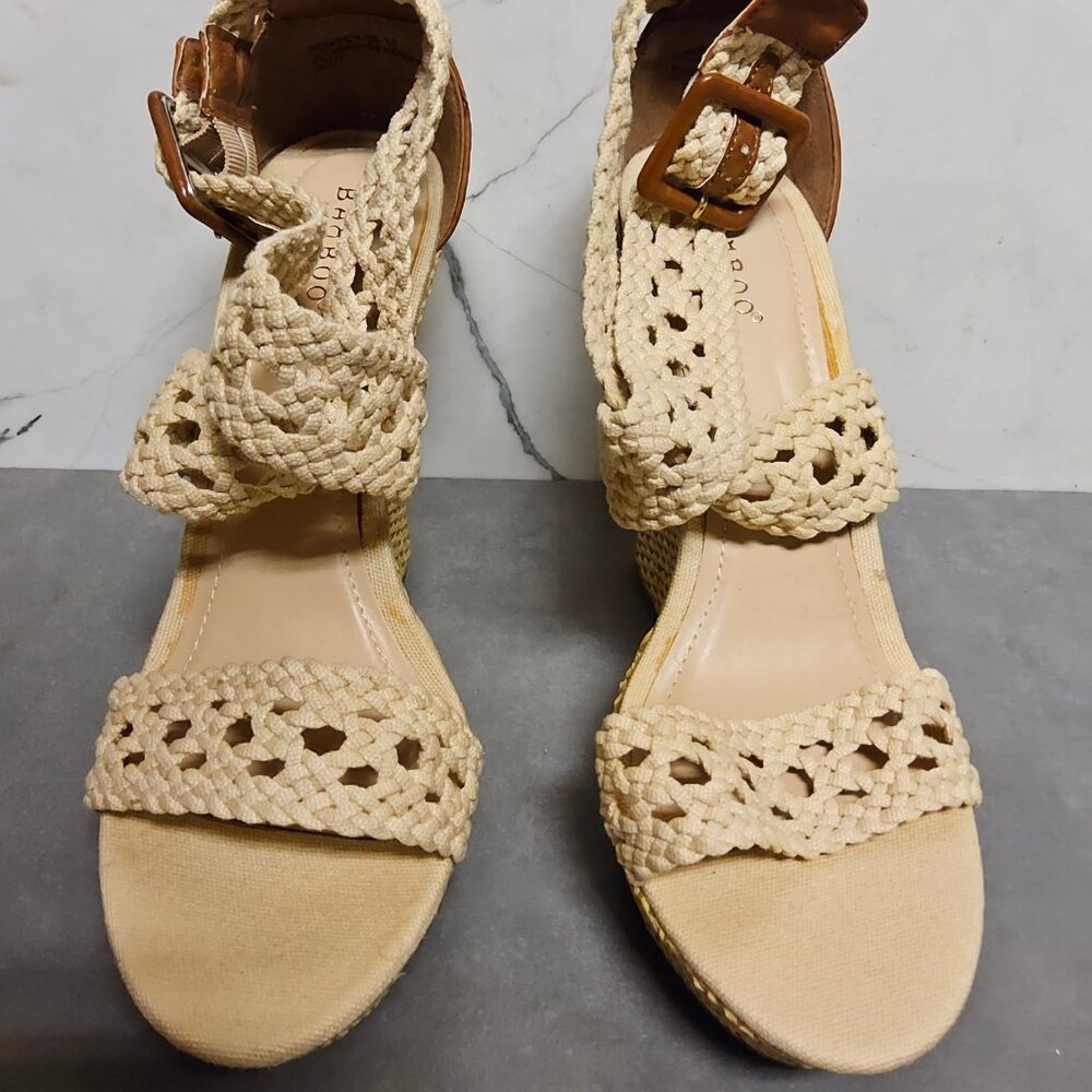 Bamboo size 10M beige crochet knit strap wedge cork heels pre-owned   $12